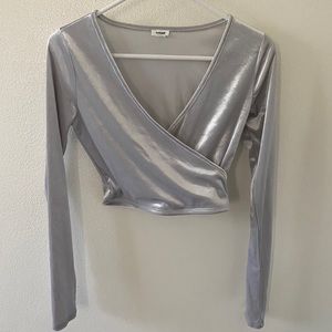 Garage Velvet Silver Surplice Long Sleeve Crop Top